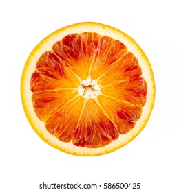 Top view of fresh blood orange slice isolated on white background.
