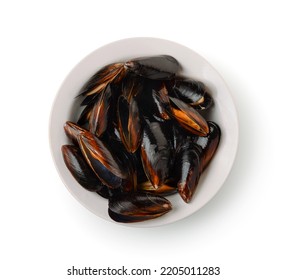 Top view of fresh boiled mussels in ceramic plate isolated on white - Powered by Shutterstock