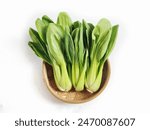 Top view of Fresh bok choy or pak choi or pakcoy (Brassica rapa subsp. chinensis) vegetables in bamboo bowl. Isolated on white background with copy space. 