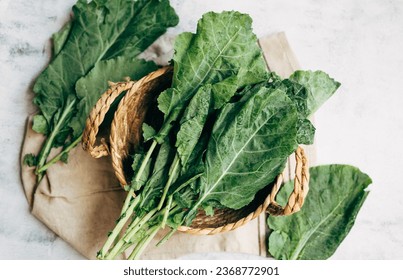 Top view fresh Collard Green on a white background. super food. healthy food vegetarian concept. - Shutterstock ID 2368772901