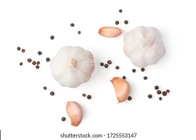 Top view Fresh garlic and blackpepper isolated on white background with high quality clipping path.(Flat lay)