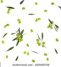 Top View Of Fresh Green Olive Fruit With Leaves Isolated On White Background. 