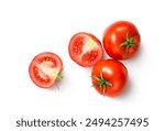 Top view of Fresh juicy red Tomato with cut in half  isolated on white background.