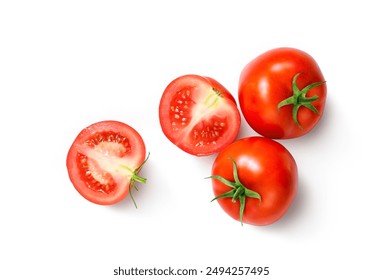 Top view of Fresh juicy red Tomato with cut in half  isolated on white background.