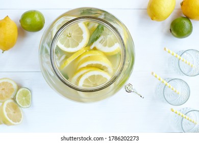 Top View Of Fresh Lemonade In Dispenser