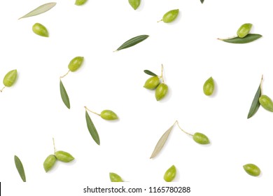Top view of fresh olives and green leaves isolated on white background.