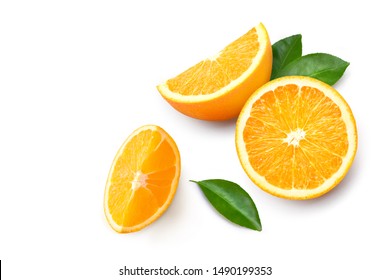 Top View Of Fresh Orange Fruit With Sliced And Green Leaves  Isolated On White Background.