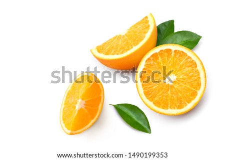 Top view of Fresh orange fruit with sliced and green leaves  isolated on white background.