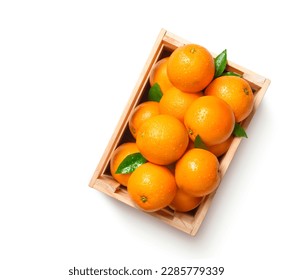 Top view of fresh oranges in wooden crate isolated on whitebackground. Clipping path.