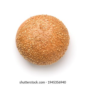 Top View Of Fresh Round Sesame Seed Burger Bun Isolated On White