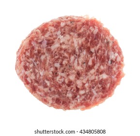 Top View Of A Fresh Sausage Patty Isolated On A White Background.