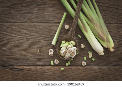 Top View, Fresh Sliced Lemon Grass On Wood Spoon.