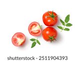 Top view of Fresh Tomato with cut in half and leaves isolated on white background.