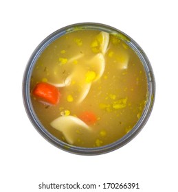 A Top View Of A Freshly Opened Can Of Chicken Noodle Soup With Carrots On A White Background