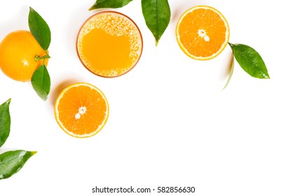 Top view of freshly squeezed juice with orange fruits with green leaves isolated on white background. - Powered by Shutterstock
