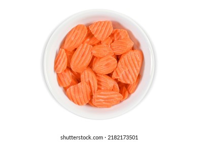 Top View Of Freshly Washed Sliced Carrots In A White Bowl Isolated On A White Background. Includes Clipping Path Around The Bowl.