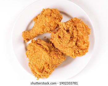 Top View Fried Chicken On White Plate On White Background.