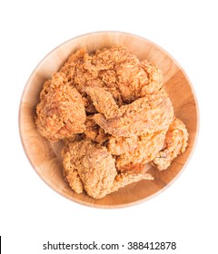 Top View Fried Chicken In Wooden Plate Isolated On White Background