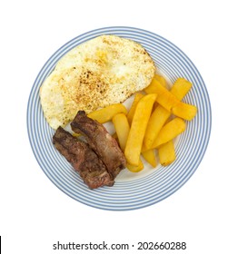 A Top View Of Fried Strip Steak With Eggs And Potatoes On A Blue Striped Plate Atop A White Background.