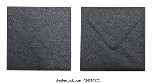 Top View Of Front And Back Cover Of Black Glitter Metallic Envelope. Object Is Isolated On White Background And Has Soft Shadow And Clipping Path.