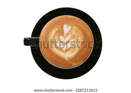 Top view of frothy cappuccino coffee with beautiful latte art on white background