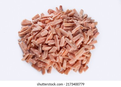 Top View Of Frozen Chicken Meat Strips Isolated On White Background. 