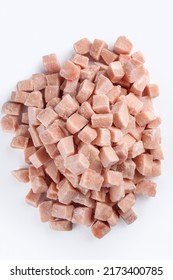 Top View Of Frozen Chicken Meat Cubes Isolated On White Background. 