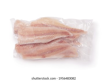 Top view of frozen pollock fillet in airtight clear plastic bag isolated on white - Shutterstock ID 1956483082