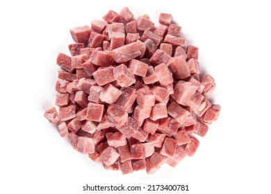 Top View Of Frozen Pork Meat Cubes Isolated On White Background. 