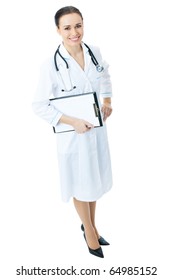 Top View Full Body Portrait Of Female Doctor Or Nurse With Clipboard, Isolated On White Background