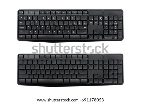 Top view of Full size wireless desktop computer keyboard isolated on white background with clipping path inside. (Eng and empty alphabet)