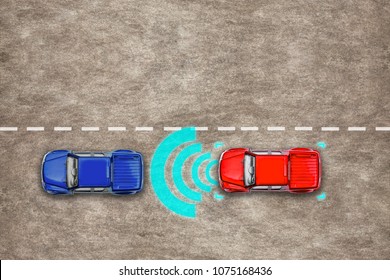 Top view futuristic wireless communication network red pickup truck or car toy. HUD Autonomous car Sensing system of vehicle. Driverless Transport. Self driving automatic vehicle. - Powered by Shutterstock