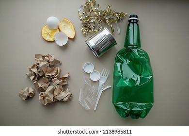 Top View Of The Garbage, Which Are Sorted Into Fractions: Plastic, Paper, Food Waste, Aluminum, Separate Waste Collection