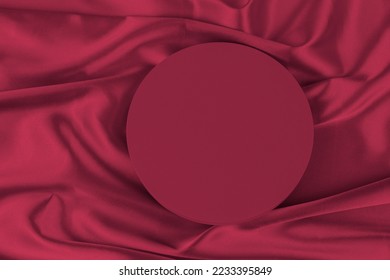 Top view to geometric platform stand on silk satin background. Monochrome viva magenta color background with blank cylinder form mock up podium for presentation - Shutterstock ID 2233395849