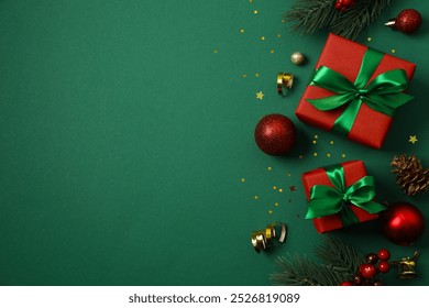 Top view of gift boxes tied with bows, Christmas decorations, balls, confetti on color background  - Powered by Shutterstock