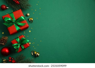 Top view of gift boxes tied with bows, Christmas decorations, confetti on color background  - Powered by Shutterstock