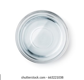 Top View Of Glass Bowl With Clear Water Isolated On White