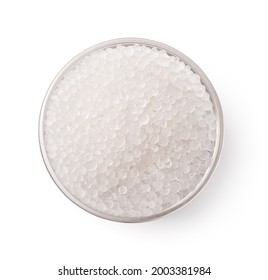 Top View Of Glass Bowl Of Silica Gel Granules Isolated On White