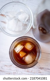 Top View Of A Glass Cup With Cold Brew Coffee On Ice