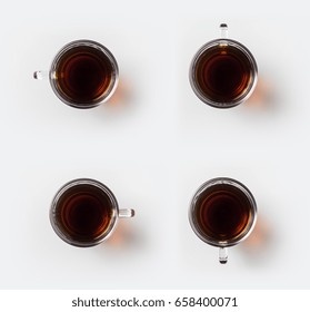 Top View Of Glass Cup Of Hot Black Tea On White Background Desk For Mockup, Collection Of Diverse Angle.