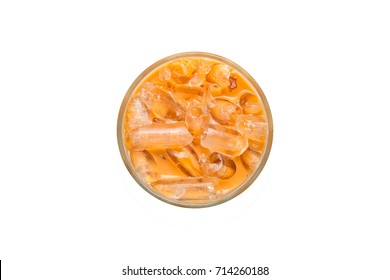 Top View Of  Glass Of Ice Milk Tea, Fresh And Sweet Dessert On White Background