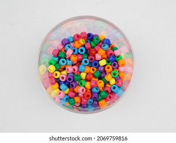 Top View Glass Jar Full Of Multi Colored Pony Beads Bracelet Beads For Hair Beads For Kids Crafts Rainbow Hair Beads      