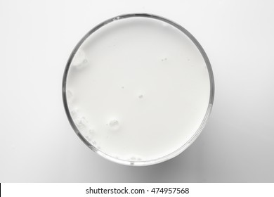 Top View Of Glass Milk / Glass Of Milk From Above / Gray Tone