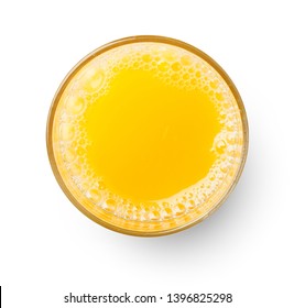 Top View Of Glass Of Orange Juice Isolated On White Background