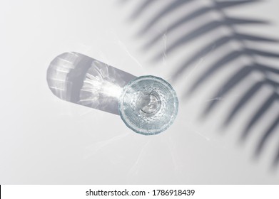 Top view glass of sparkling white with sunlight long shadow and refraction patterns and palm leaf trendy shadow