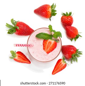 Top View Of Glass Of  Strawberry Smoothie With Mint Isolated On White Background.