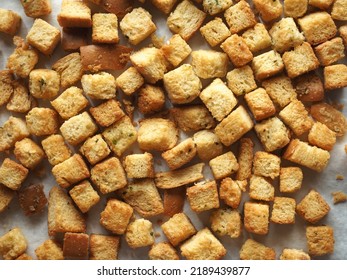 top view golden brown toasted croutons