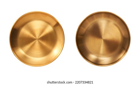 Top view of golden plate isolated on white background. - Shutterstock ID 2207334821