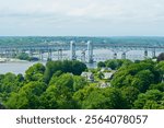 Top view of Golden star memorial bridge (I-95) and Thames river bridge (Amtrak) over Thames river CT USA