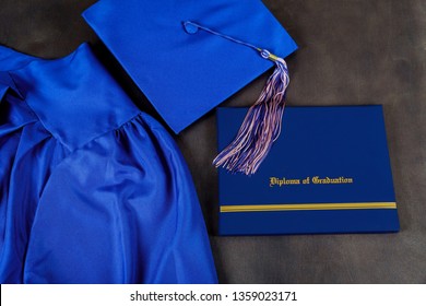 Top View Of Graduation Cap, Hat With Degree Paper Certificate Graduation On Dark Background, Education Concept